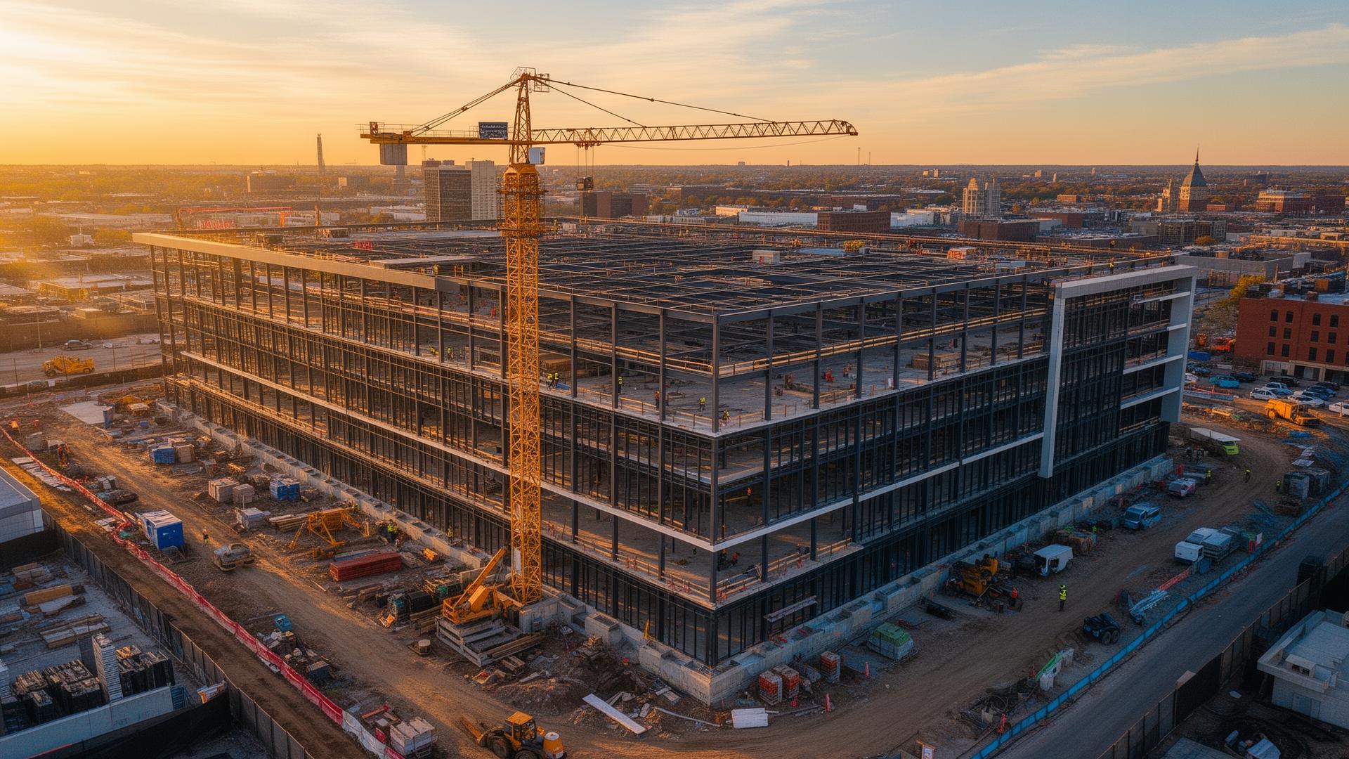 Commercial construction site in Metro Detroit at golden hour